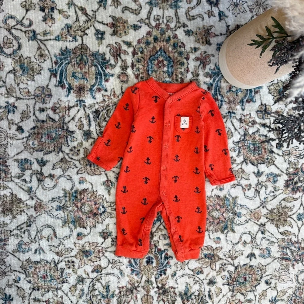 Y2K Carter’s Newborn Nautical Anchor Print Button Snap Romper One Piece Footless